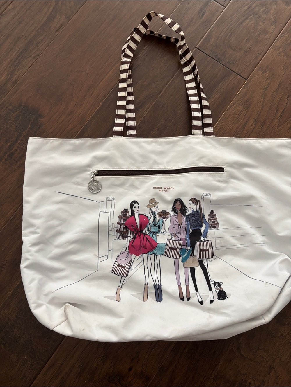 Henri Bendel Tote Bag with Striped Handles and Bendel Girl design (has staining)